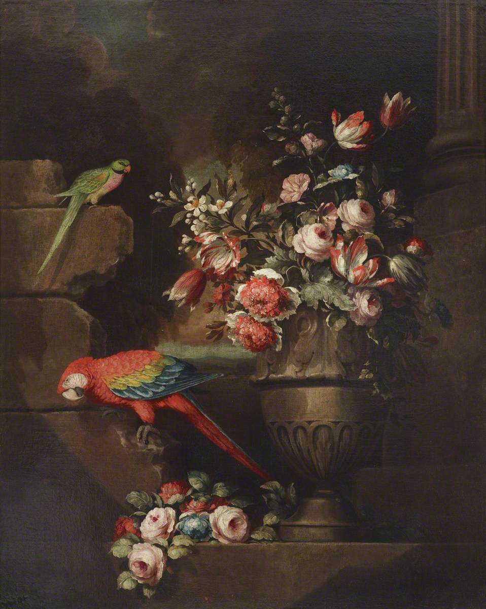 Jakob Bogdani, Still Life with Flowers in an Urn and Two Parrots