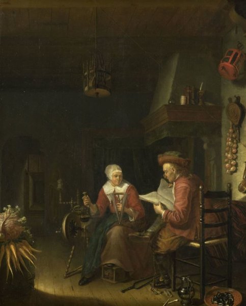 Domenicus van Tol, Interior with a man reading and a woman spinning yarn