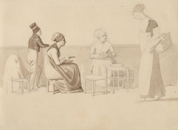 C.W. Eckersberg, Scene fra en gård eller kaj i Paris. Fire siddende, stående og gående figurer.