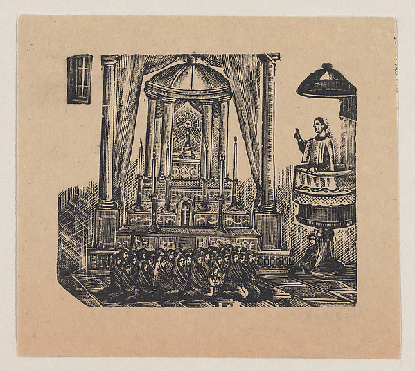 José Guadalupe Posada, A priest conducting mass from a pulpit for women dressed in black