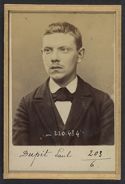 Alphonse Bertillon, Dupit. Paul. 20 ans, né le 13/3/74 à Paris XVIIe. Garçon boucher. Anarchiste. 2/7/94.