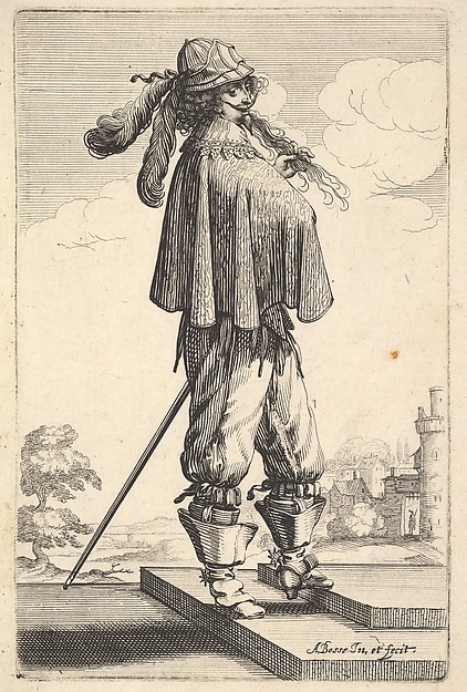 Abraham Bosse, A gentleman wearing a short coat, a helmet, and boots with spurs, standing on the steps and turned towards the right, from "The Garden of the French Nobles In Which One Can Pick Up Their Way of Dressing"
