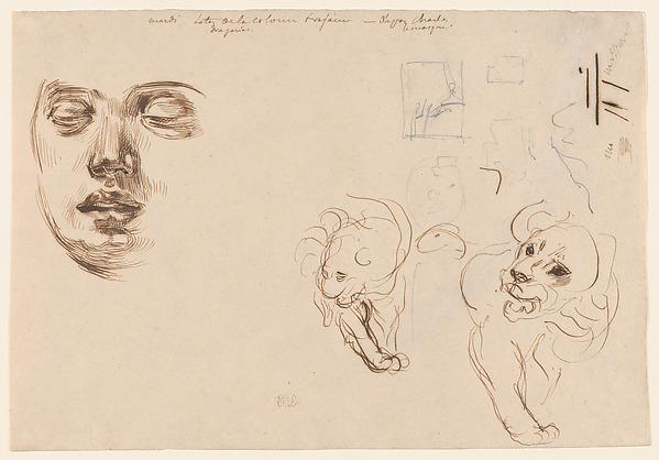 Eugène Delacroix, Portrait of a Woman with Eyes Lowered; Two Sketches of Lions