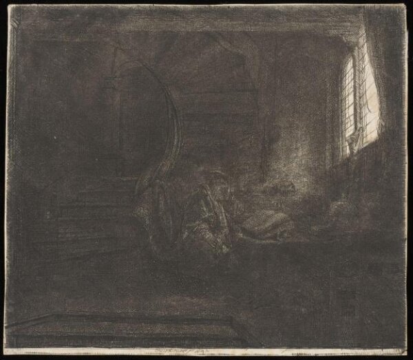 Rembrandt van Rijn, St Jerome in a dark chamber (late impression)
