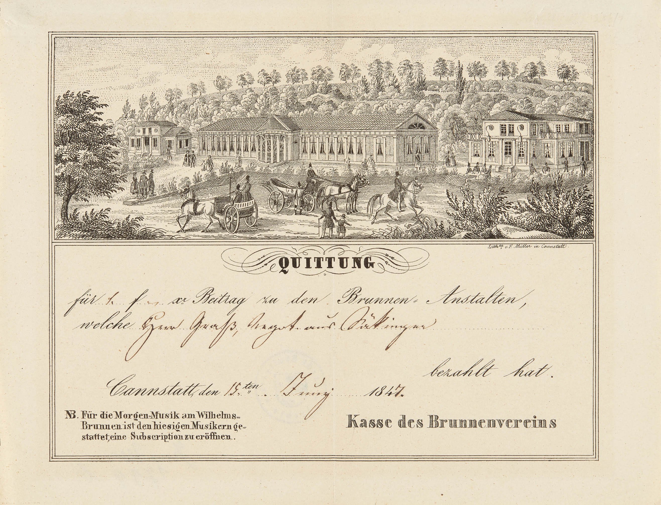 Unknown artist, Ansicht des Kursaals auf einer Quittung des Brunnenvereins Cannstatt