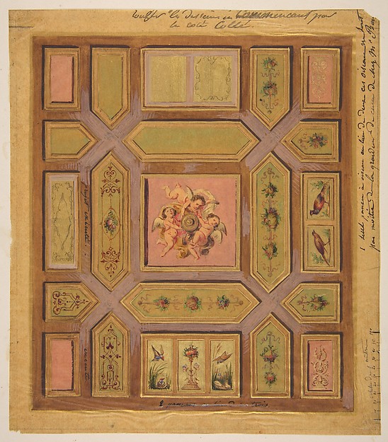 Jules-Edmond-Charles Lachaise, Design for a paneled ceiling painted with putti, birds, and floral motifs on tracing paper; mounted on wove paper