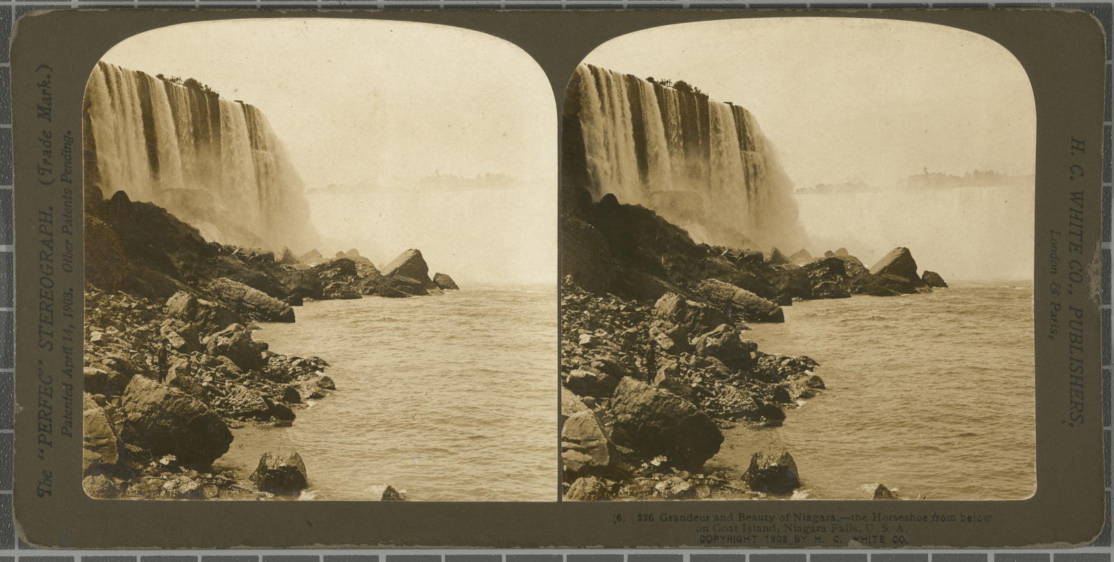 Desconegut, Grandeur and Beauty of Niagara, the Horseshoe from below on Goat Island, Niagara Falls, U.S.A. White, H.C. & Co., The "Perfec" Stereograph