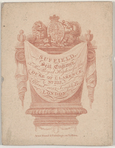 Anonymous, British, late 18th–early 19th century, Trade Card for Suffield, seal engraver