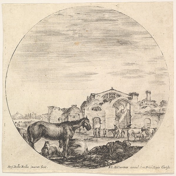 Stefano della Bella, Plate 12: a shepherd sleeping on the ground, the Baths of Diocletian in the background, from "Roman landscapes and ruins" (Paysages et ruines de Rome)