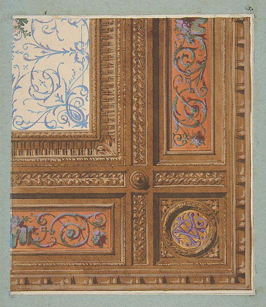 Jules-Edmond-Charles Lachaise, Design for the painted decoration of a coffered ceiling with initials:  VR