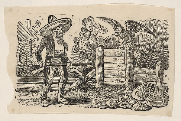 José Guadalupe Posada, The Sorcerer, a man with a gun confronting a bird with the face of a man