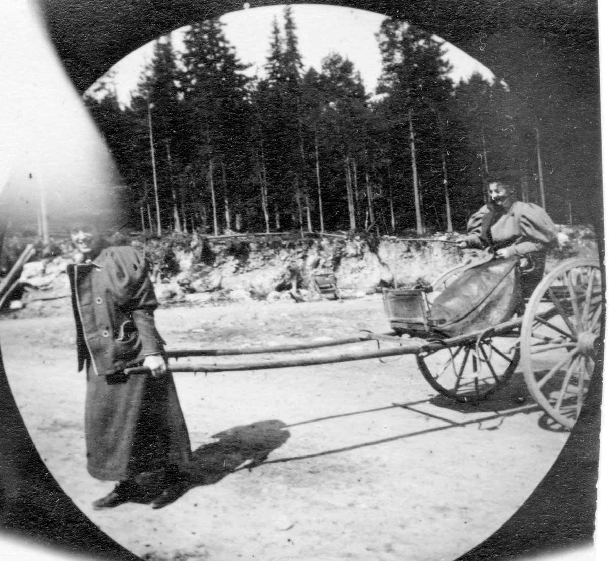 Fredrik Carl Mülertz Størmer, Frk. Bjørnson og frk. Sørensen i skogen på Tretten, Øyer, Oppland, med hestevogn.