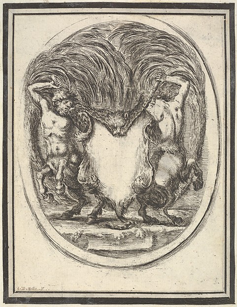 Stefano della Bella, A cartouche formed by a tiger skin and flanked by two centaurs, plate 4 from "Nouvelles inventions de Cartouches"