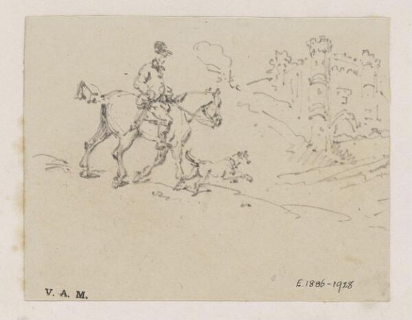 George Chinnery, A rider and dog approaching a castle