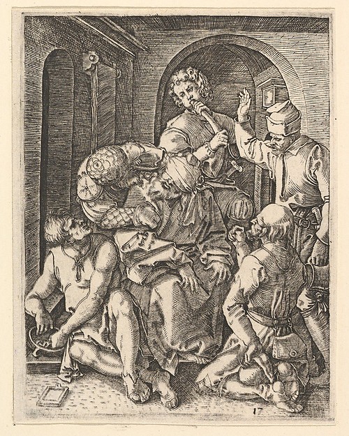 Marcantonio Raimondi, The mocking of Christ who is seated in center, blindfolded, from "The Passion of Christ", after Dürer