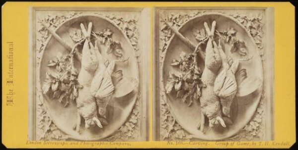 William England, Stereoscopic photograph depicting a carving entitled 'Group of Game' by T.H. Kendall at the International Exhibition of 1862