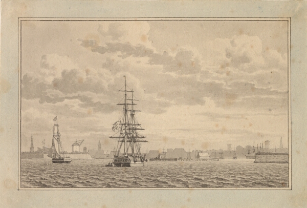 C.W. Eckersberg, København set fra Yderhavnen med en Brig til ankers og en sejlende slup.
