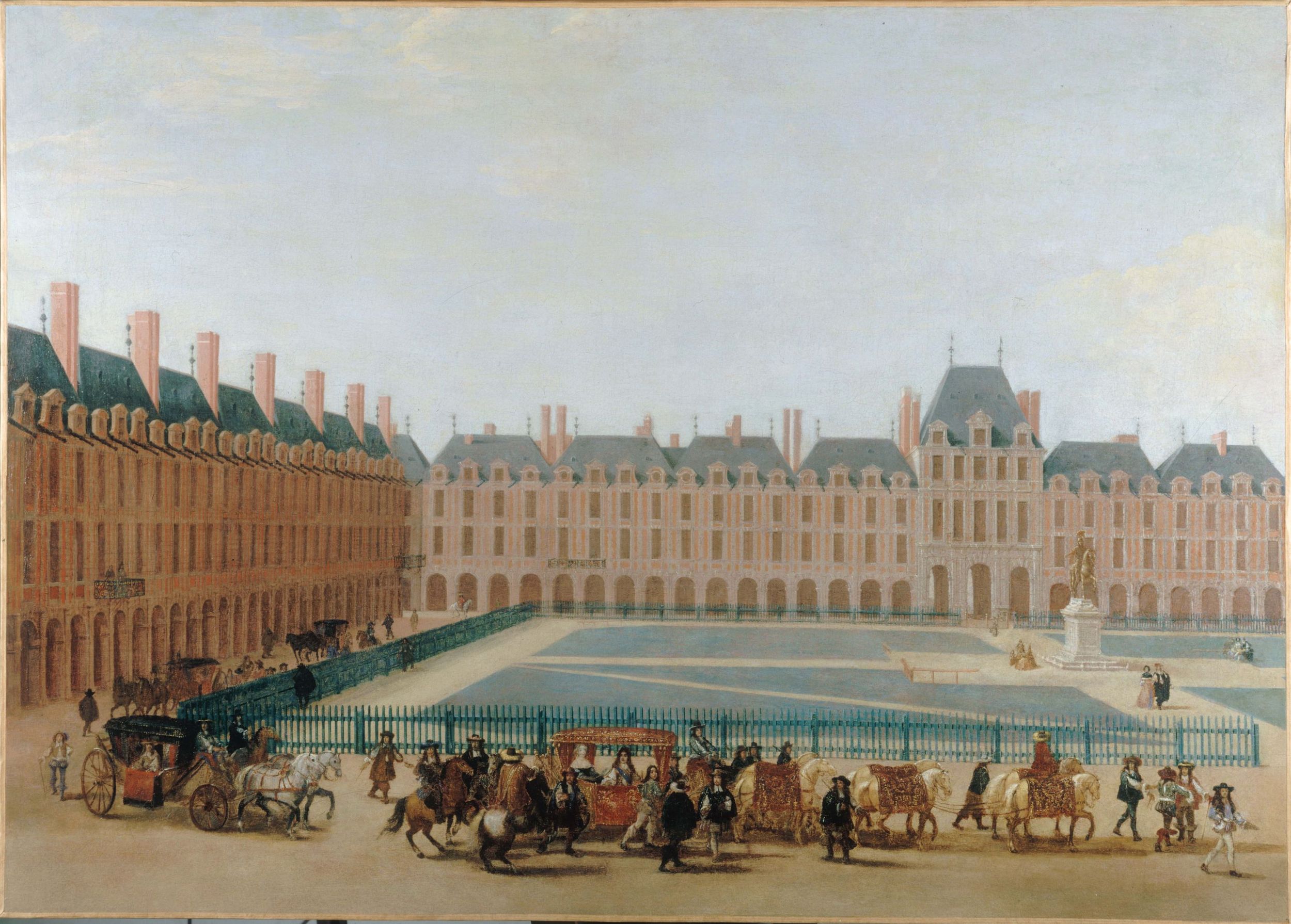 Anonyme, La place Royale, vers 1660 ; passage du carrosse du roi. Actuelle place des Vosges, actuel 4ème arrondissement.