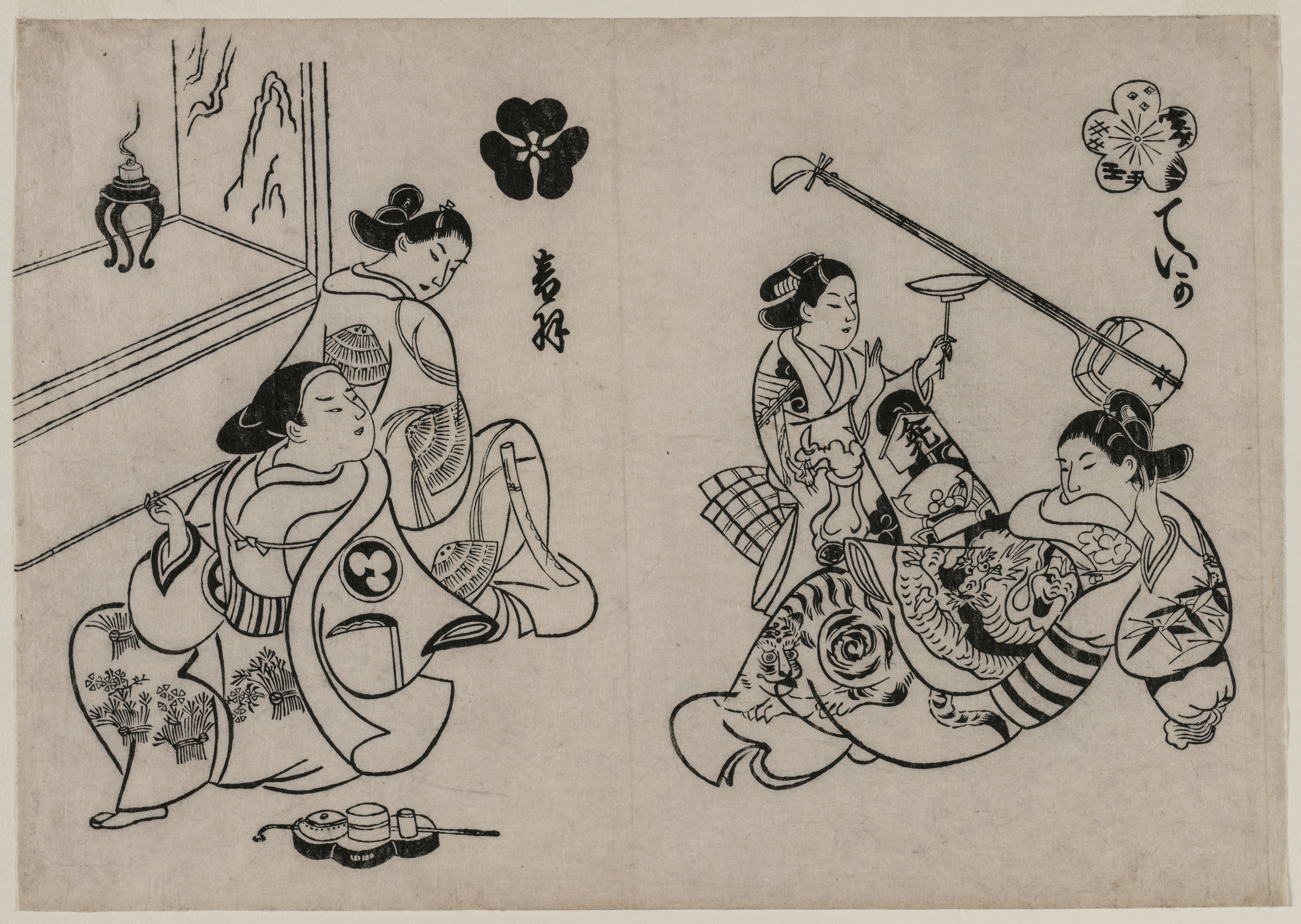 Okumura Masanobu, Three Courtesans with a Client