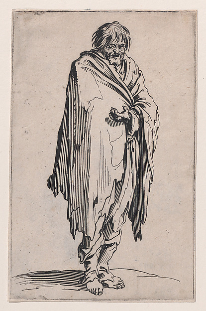 Jacques Callot, Le Mendiant a la Tête Découverte et aux Pieds Nuds (The Beggar with the Uncovered Head and Bare Feet), from "Les Gueux suite appelée aussi Les Mendiants, Les Baroni, ou Les Barons" (The Beggars, also called the Barons)