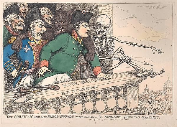 Thomas Rowlandson, The Corsican and His Bloodhounds at the Window of the Thuilleries Looking Over Paris