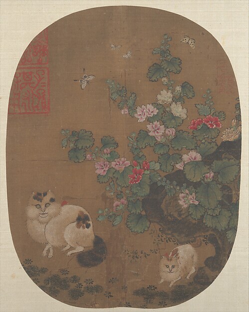 Unidentified artist, Hollyhocks and Cats