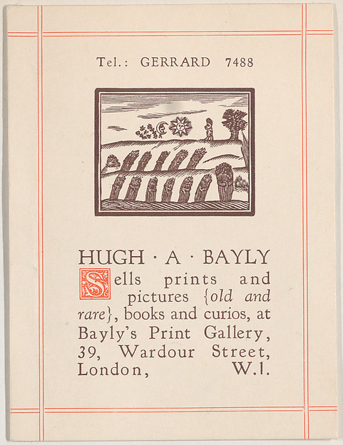 Anonymous, British, 19th century, Trade card for Hugh A. Bayly, printseller