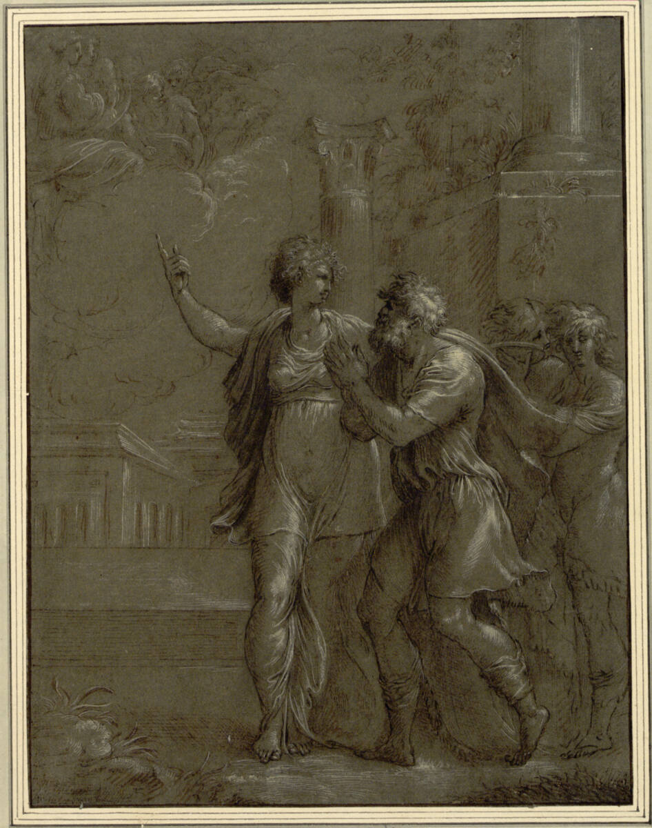 Anonym, Augustus und die Tiburtinische Sibylle. Vor einer Stadtarchitektur weist sie Kaiser Augustus auf die Madonna hin, die, von Engeln begleitet, auf Wolken erscheint