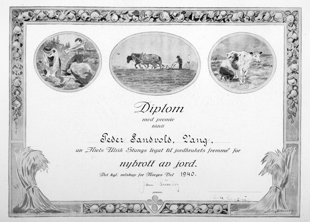 Ukjent, Diplom tildelt Peder Sandvold, Vang. Nybrott av jord.