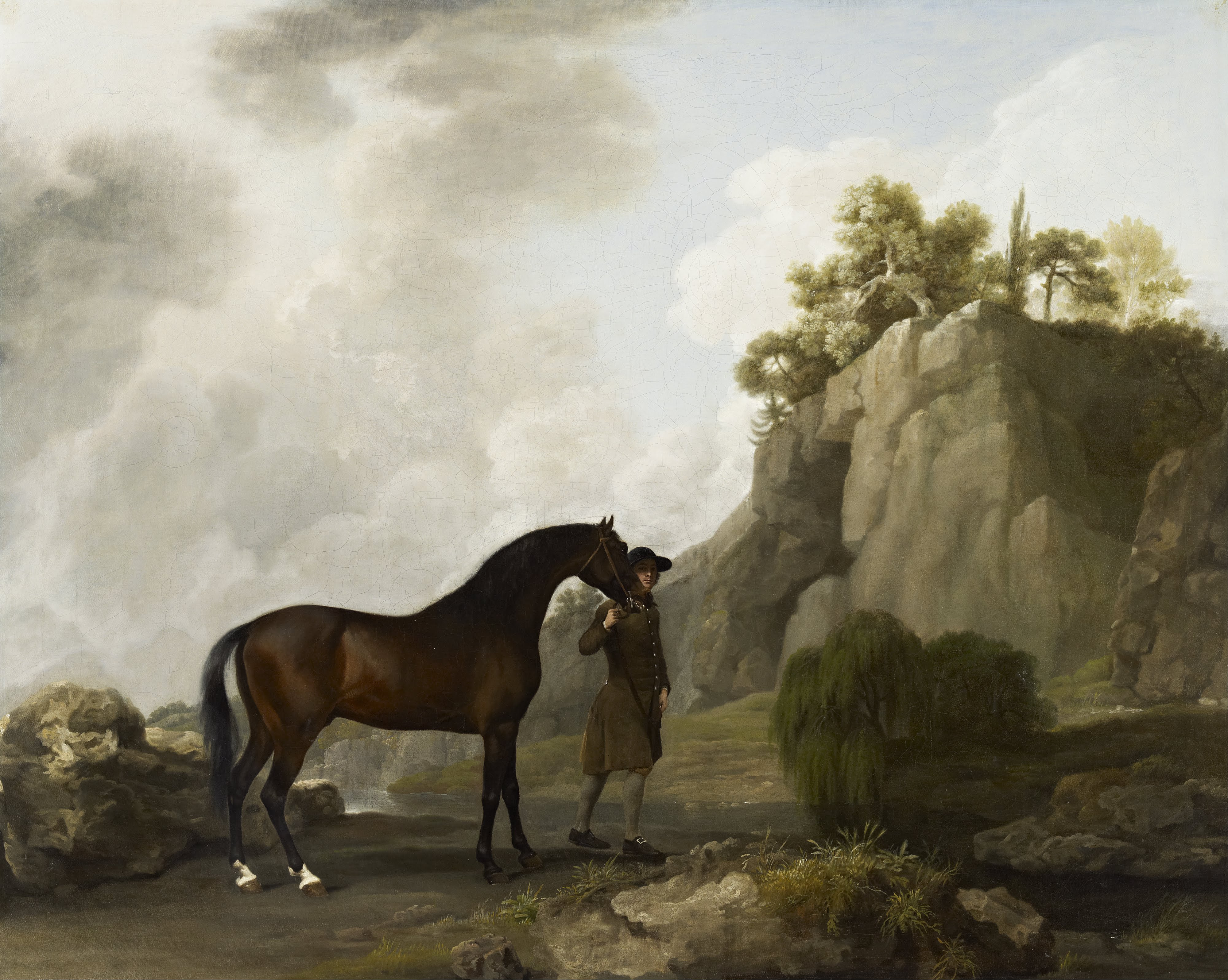 George Stubbs, The Marquess of Rockingham's Arabian Stallion led by a Groom at Creswell Crags