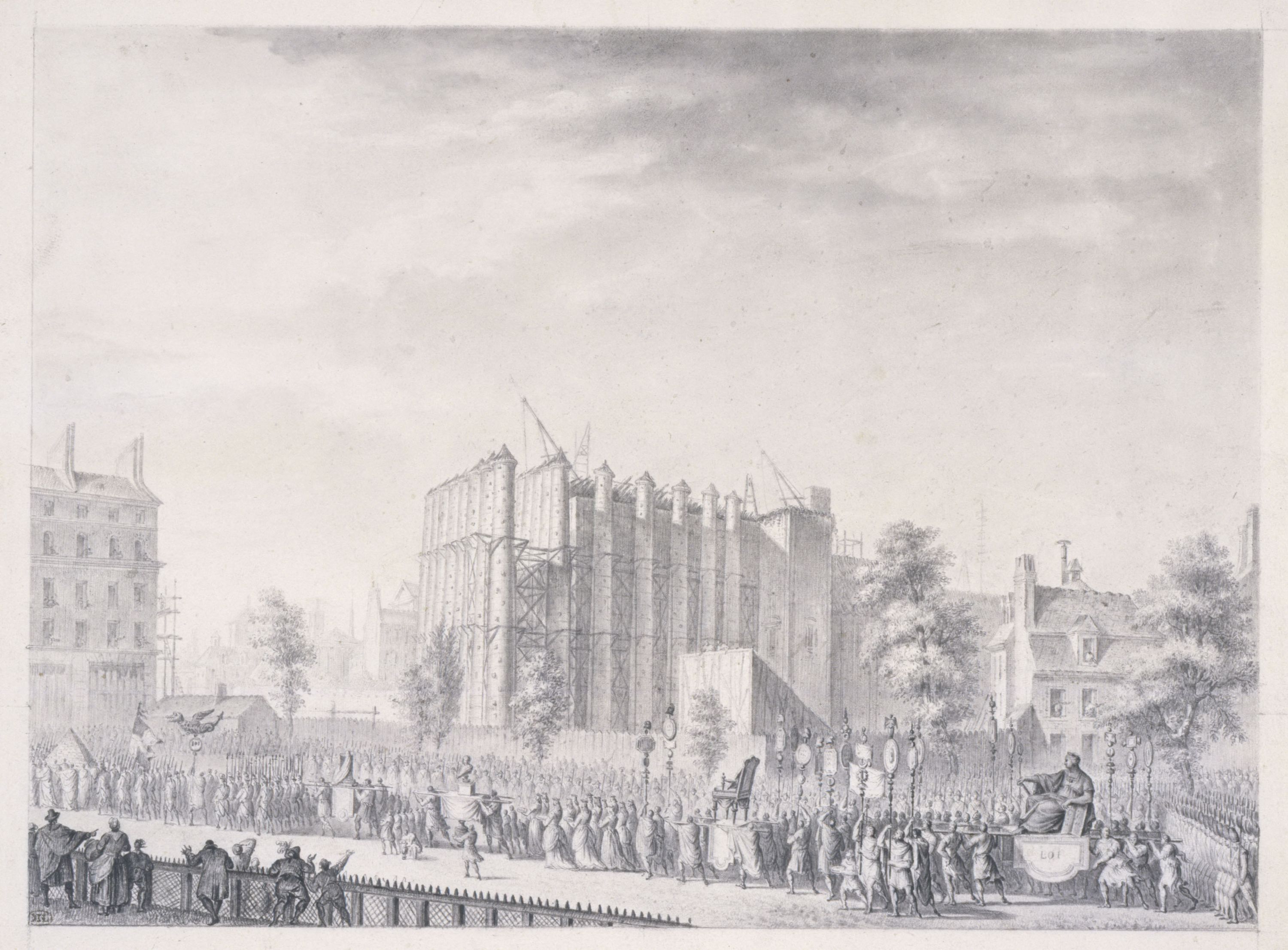 Jean-Louis Prieur, Révolution française : Fête de la Loi et pompe funèbre en l'honneur de J.G. Simoneau, maire d'Etampes, devant l'église de la Madeleine (en travaux). 8ème arrondissement. 3 juin 1792. (Planche nº61 des "Tableaux historiques de la Révolution française",...
