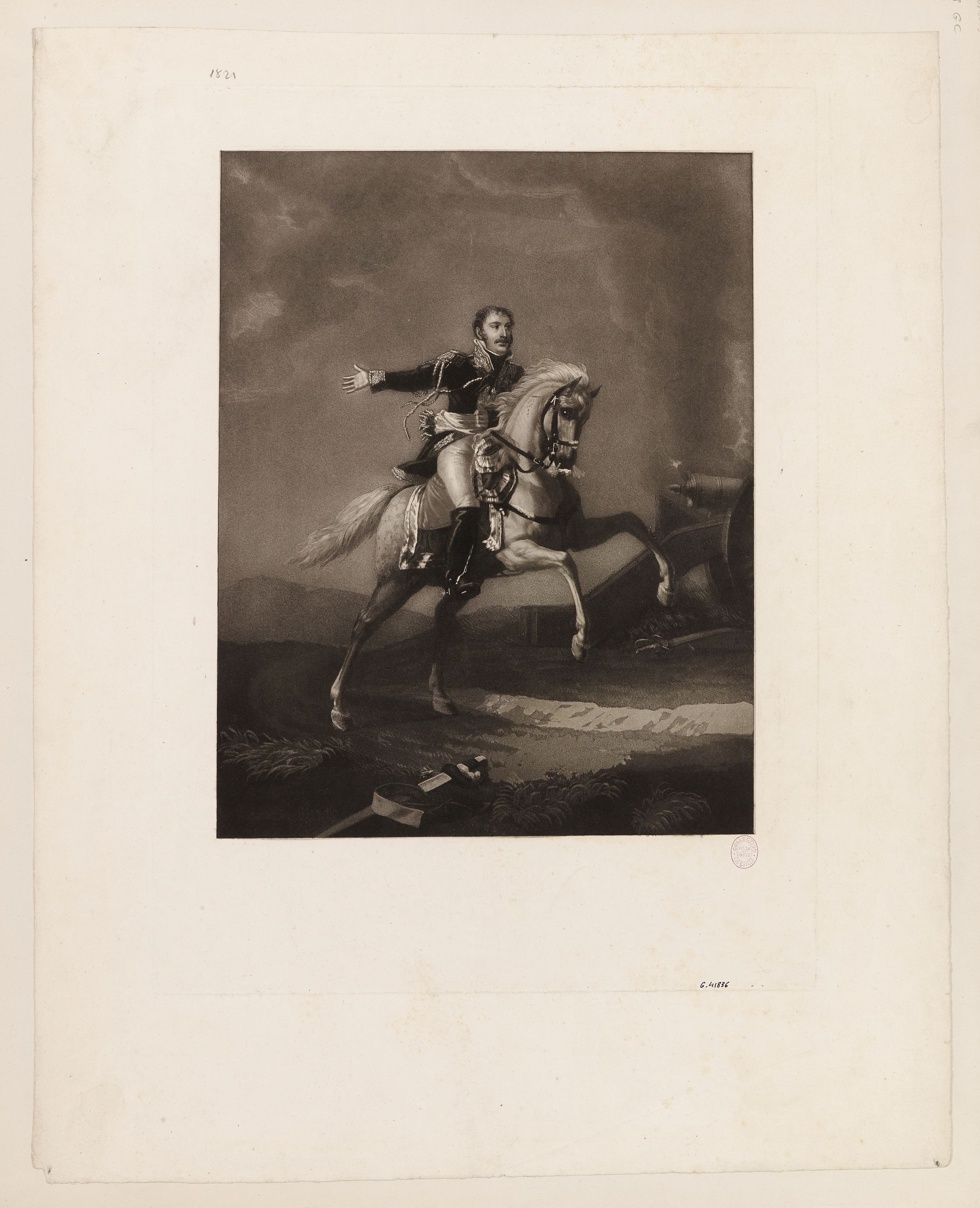 Anonyme, Portrait équestre du prince Eugène de Beauharnais, sur fond de champ de bataille.