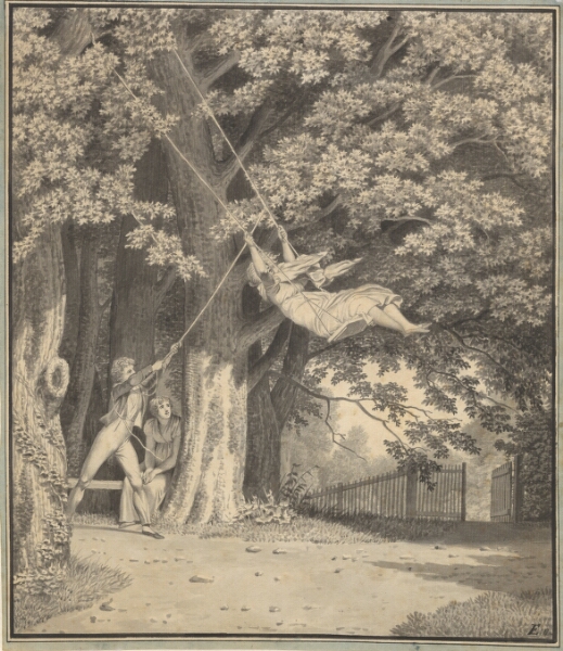 C.W. Eckersberg, Skovparti ved Skjoldnæsholm med en ung mand, der gynger en ung pige