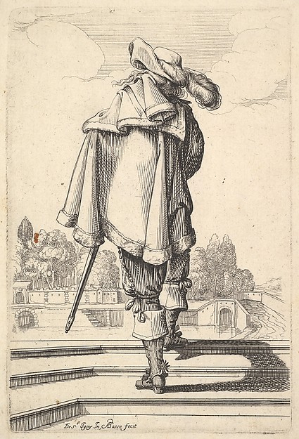 Abraham Bosse, A gentleman, seen from behind, walking up a parapet, with a cloak over his left shoulder, wearing a plumed hat and boots with spurs, from "The Garden of the French Nobles In Which One Can Pick Up Their Way of Dressing"
