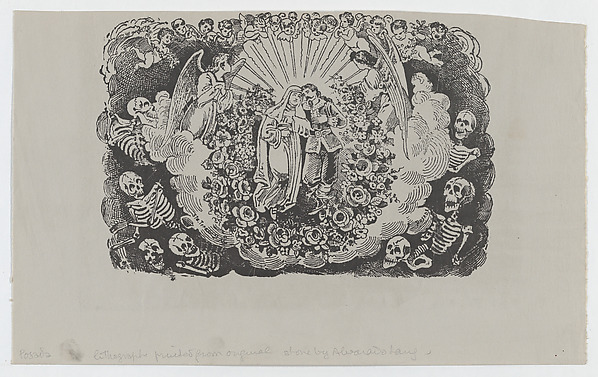 José Guadalupe Posada, A female saint standing with a cavalier and surrounded by angels and skeletons