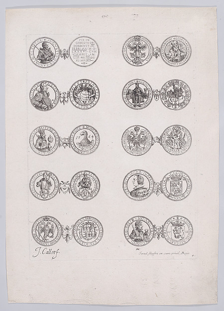 Jacques Callot, 4th Plate, Featuring 10 Coins Issued by European Princes in the 16th and 17th centuries, from Les Monnaies (The Currencies)