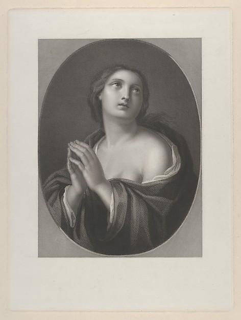 Anonymous, Female personification of Hope looking up with hands held together and left shoulder exposed, in an oval frame, after Reni