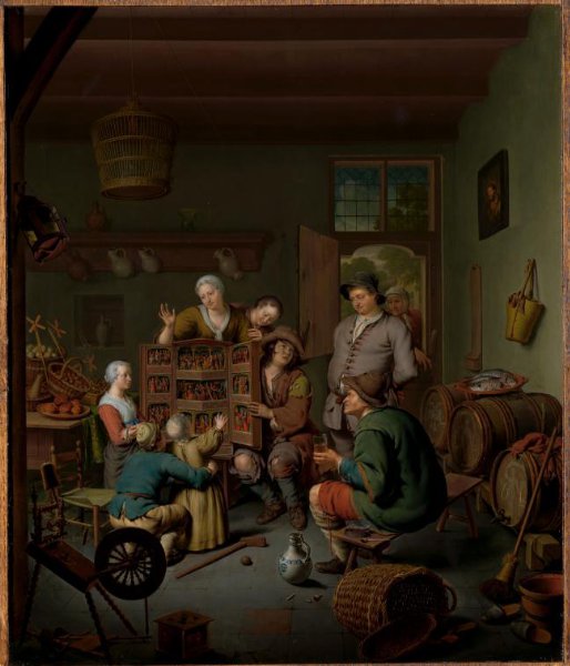 Willem van Mieris, De rarekiek (’t Fraay Curieus)
