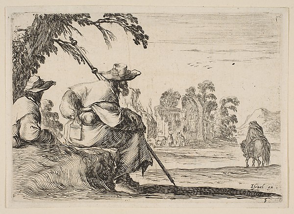 Stefano della Bella, Two pilgrims with hats rest to the left, seen from behind, a horseman rides towards the background to the right, plate 5 from "Various Figures" (Agréable diversité de figures)