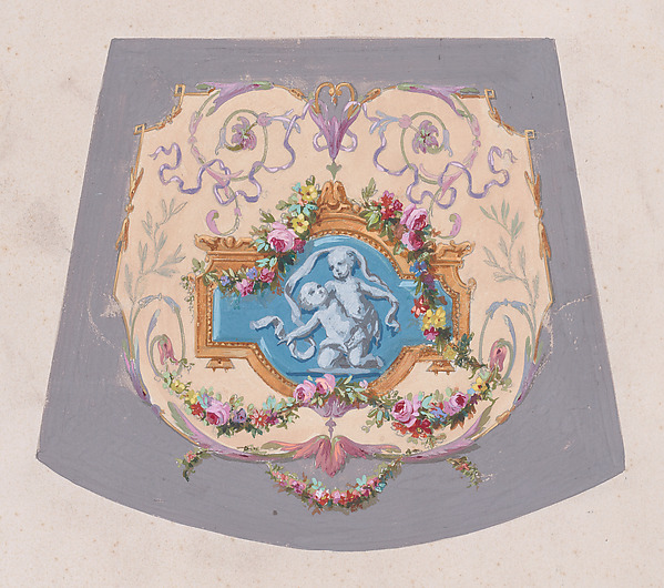 Anonymous, French, 19th century, Design for a Chair Seat Cover with an Ornamental Frame with Two Restling Putti with Hanging Garlands of Leaves and Flowers Inside a Larger Ornamental Frame Featuring a Heart-Shape Motif