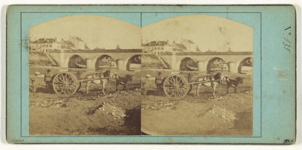 Unknown, [Two men by horse & donkey-drawn wagon near a river, bridge in background]
