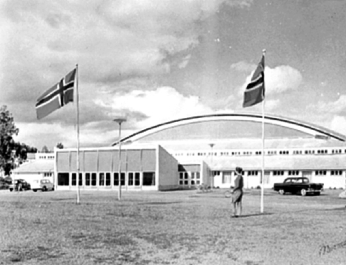 Anno Domkirkeodden, EKSTERIØR, HAMARHALLEN SETT FRA UTSTILLINGSPLASSEN, FLAGGSTENGER