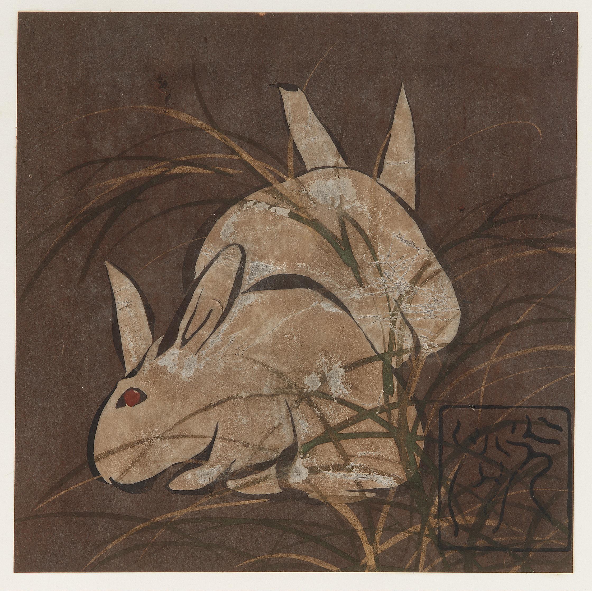 Attributed to Hon'ami Koetsu, Rabbits and grasses