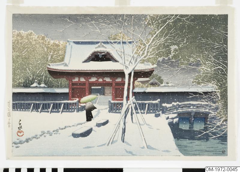 Kawase Hasui, Grafik, Träsnitt, Bildkonst, Snö i Shiba-parken, Tokyo, Woodcut, Print, Woodblock