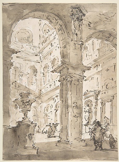 Francesco Guardi, Architectural Capriccio: Courtyard of a Palace (recto); Saint Aloysius Gonzaga Holding a Crucifix (verso)