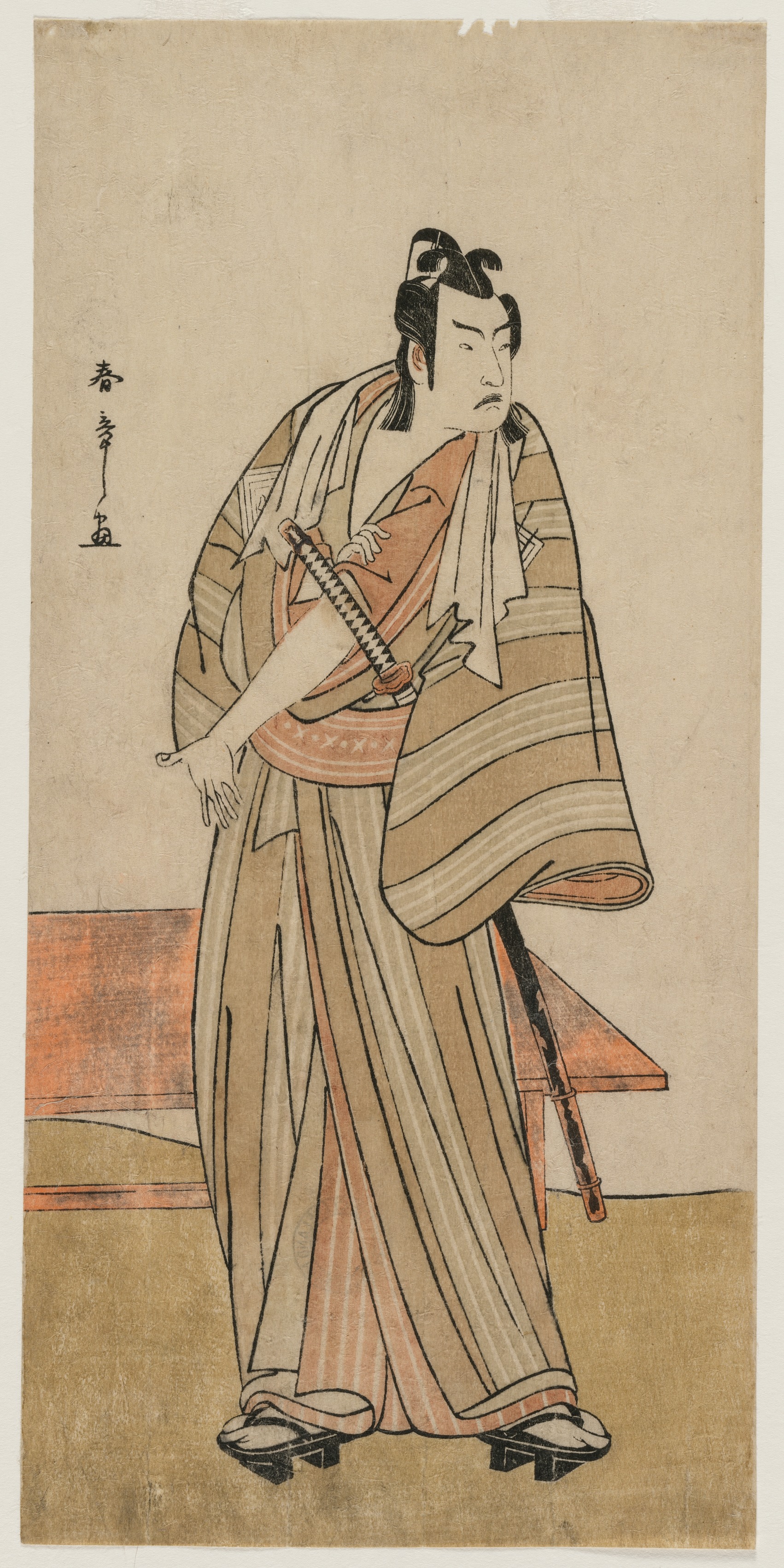Katsukawa Shunshō, Ichikawa Yaozo II as a Otokodate Standing by a Bench