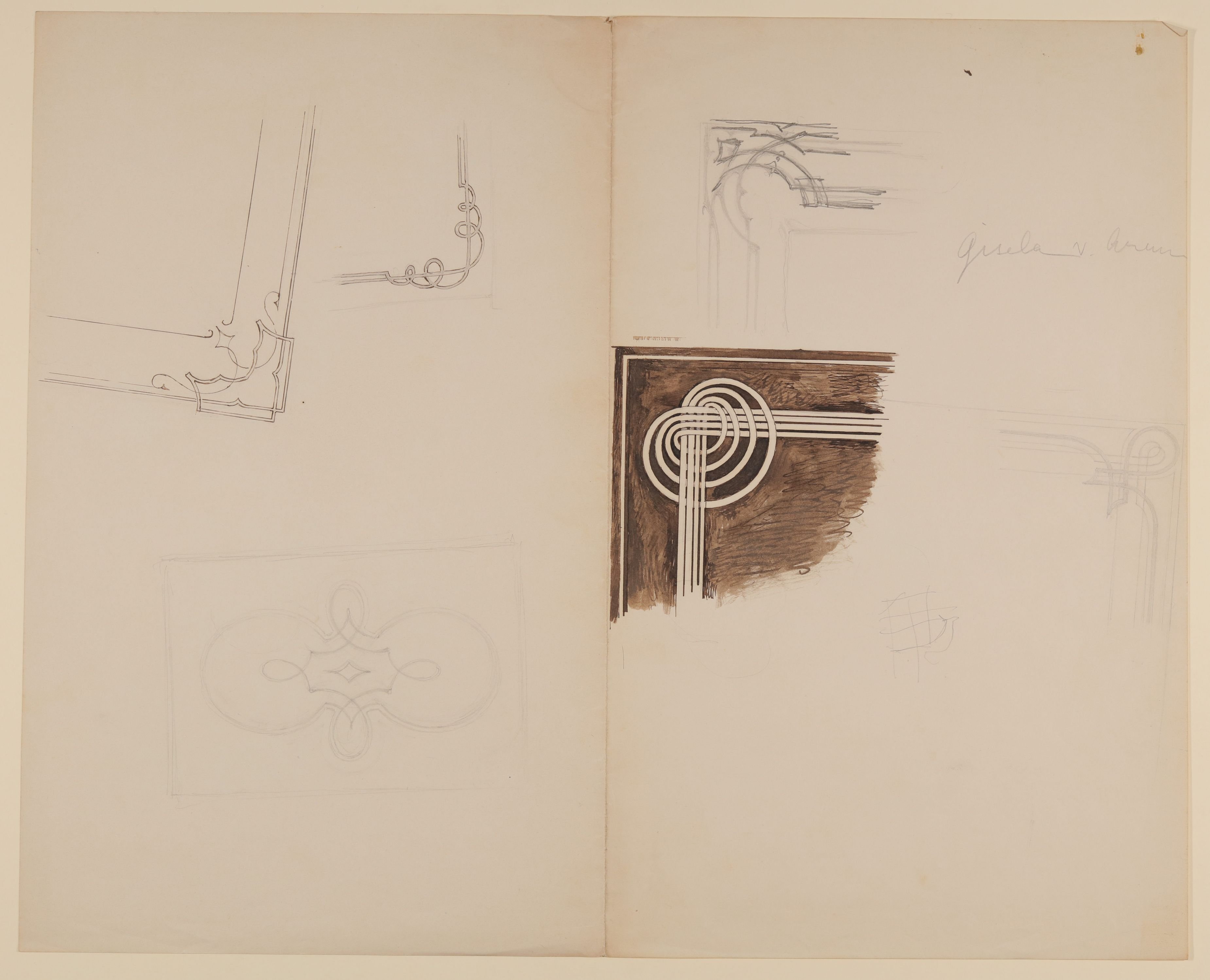 Gisela von Arnim, Sechs Entwürfe für dekorative Rahmenleisten mit Flechtbandornamentik [aus einer Mappe mit Skizzenblättern von Gisela von Arnim und Herman Grimm]