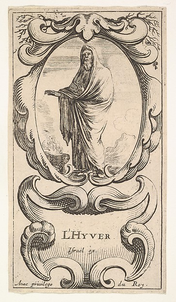 Stefano della Bella, Winter, an old man wrapped in a cloak, warming his hands over a fire on the ground to left, within a cartouche decorated with bare tree limbs, from "The Four Seasons" (Les Quatre Saisons)