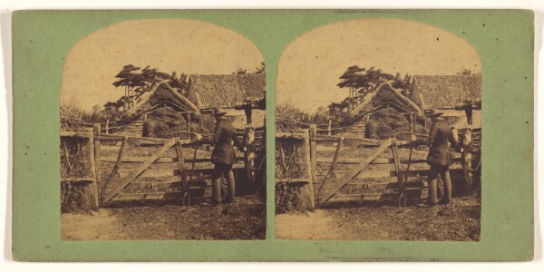 Unknown, [Man holding a pitchfork at gate of French farm]