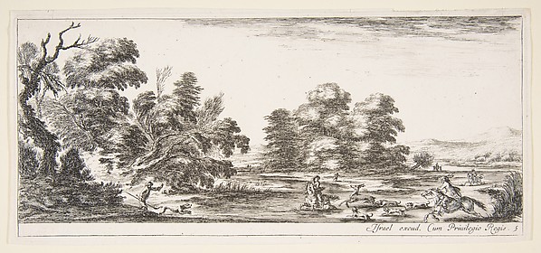 Stefano della Bella, Plate 5: two horsemen in a stream to right, riding towards the left, following four dogs chasing a stag, another dog running into the water from the left, from 'Various landscapes' (Divers paysages)